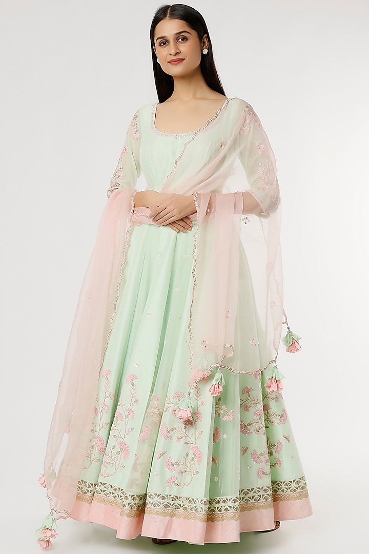 Mint Green Embroidered Bridal Anarkali Set by MADZIN at Pernia's Pop Up Shop
