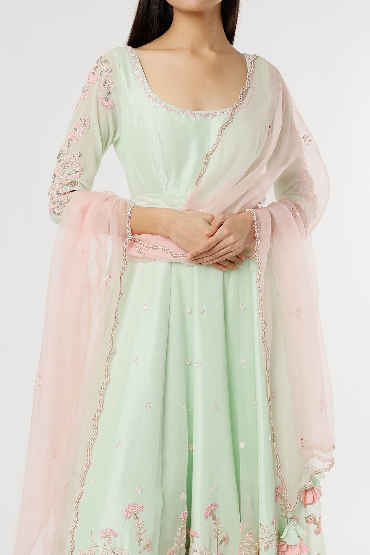 Pastel Mint Green Embroidered Anarkali Set with Organza Dupatta main image 1