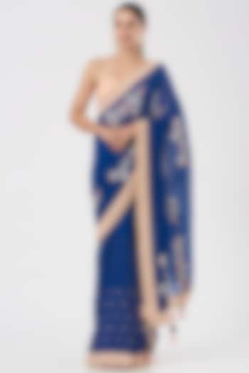 Blue Aari Embroidered Saree by MADZIN at Pernia's Pop Up Shop