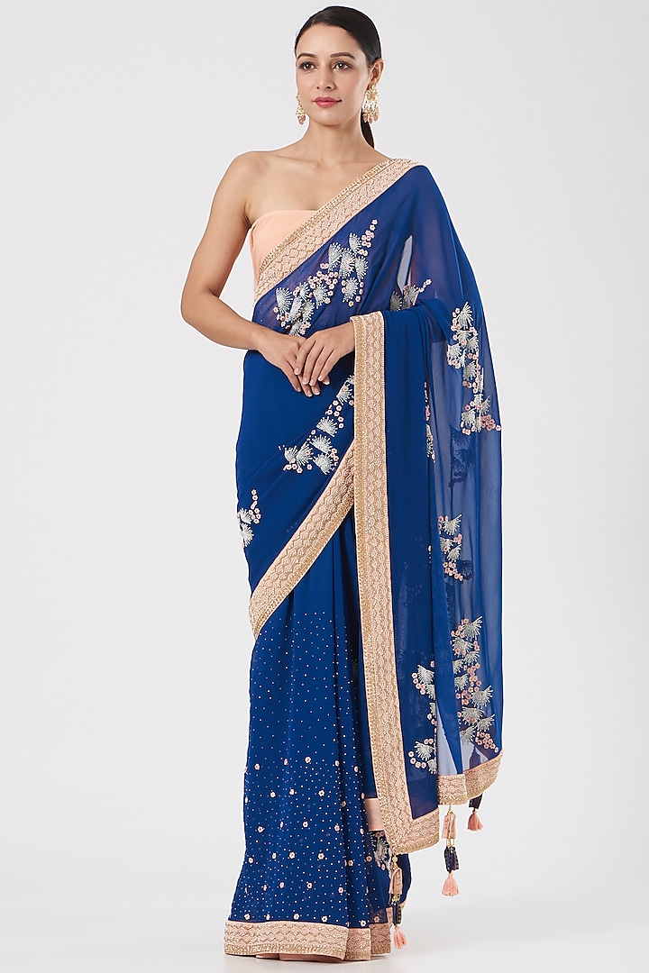Blue Aari Embroidered Saree by MADZIN