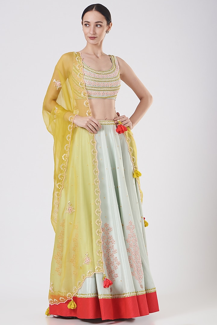 Mint Green Embroidered Bridal Lehenga Set by MADZIN at Pernia's Pop Up Shop