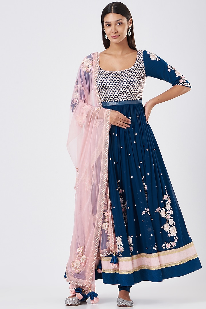 Moroccan Blue Embroidered Bridal Anarkali Set by MADZIN at Pernia's Pop Up Shop