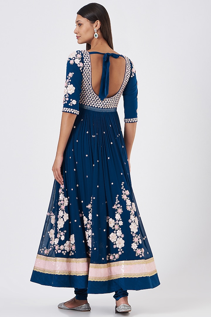 Moroccan Blue Embroidered Bridal Anarkali Set by MADZIN at Pernia's Pop Up Shop