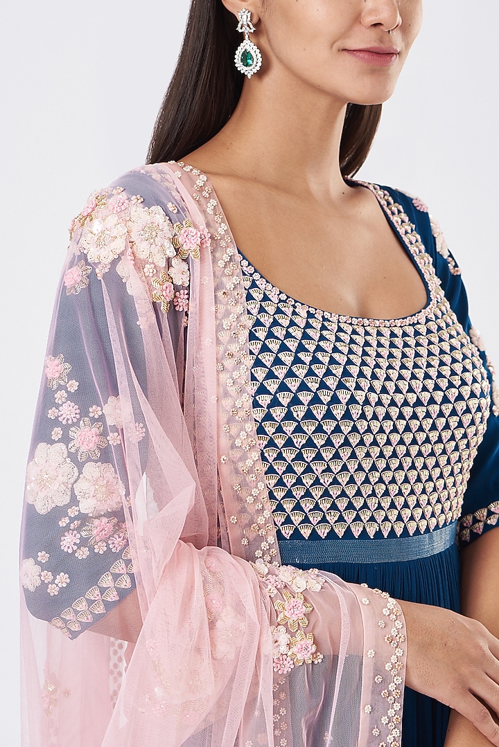 Moroccan Blue Embroidered Bridal Anarkali Set by MADZIN at Pernia's Pop Up Shop