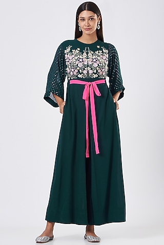 Forest Green Hand Embroidered Jumpsuit by MADZIN