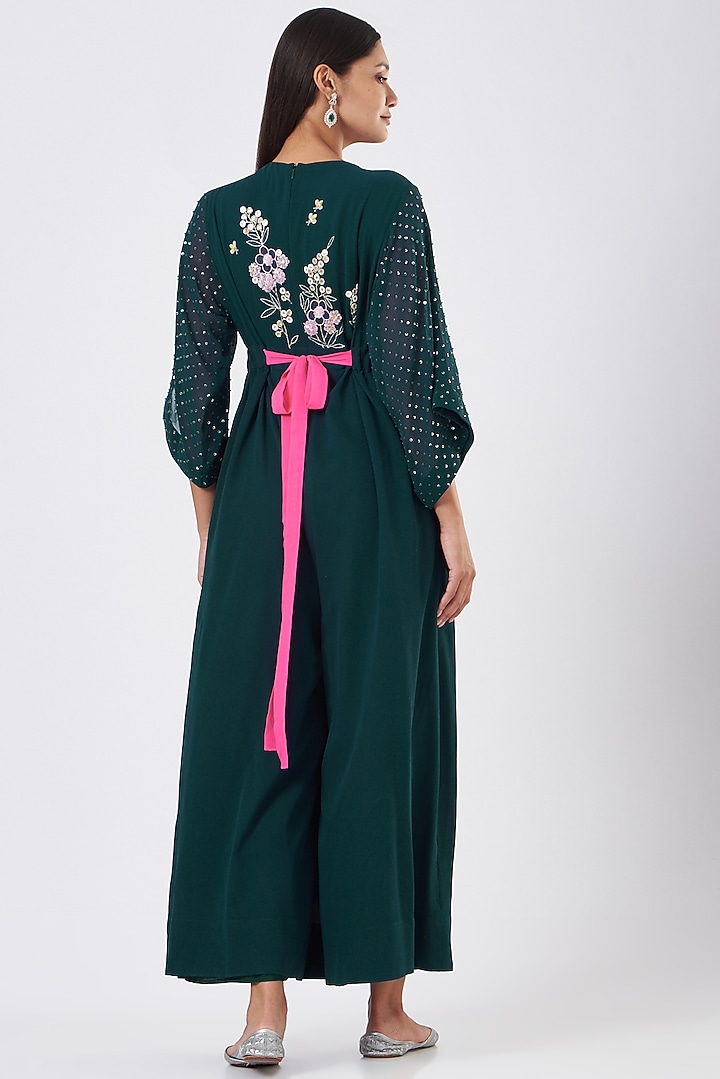 Forest Green Hand Embroidered Jumpsuit by MADZIN at Pernia's Pop Up Shop