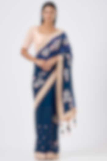 Moroccan Blue Hand Embroidered Saree Set by Madsam Tinzin