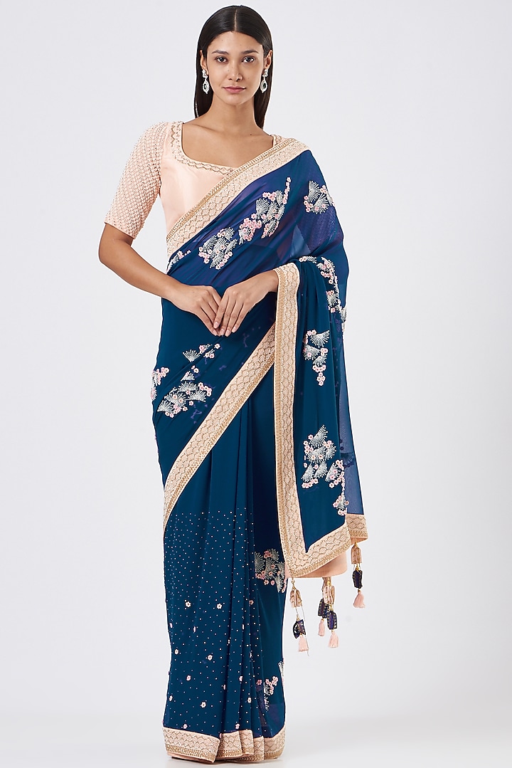 Moroccan Blue Hand Embroidered Saree Set by MADZIN at Pernia's Pop Up Shop