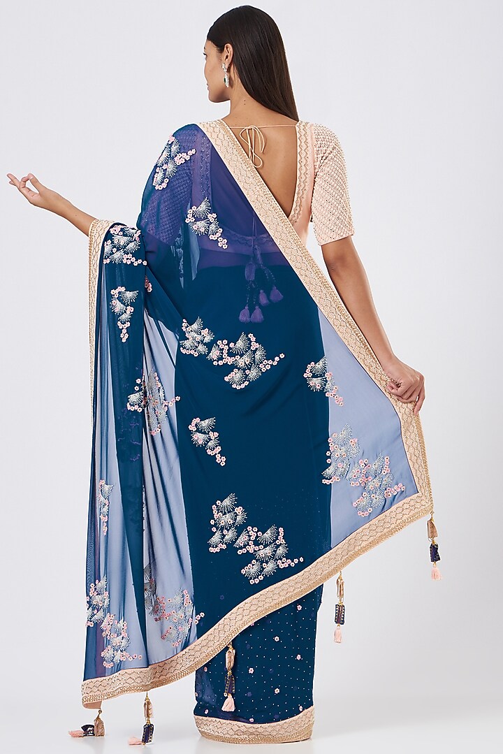 Moroccan Blue Hand Embroidered Reception Saree Set by MADZIN at Pernia's Pop Up Shop