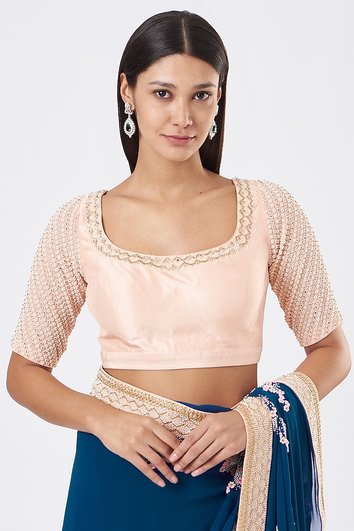 Moroccan Blue Hand Embroidered Reception Saree Set by MADZIN at Pernia's Pop Up Shop