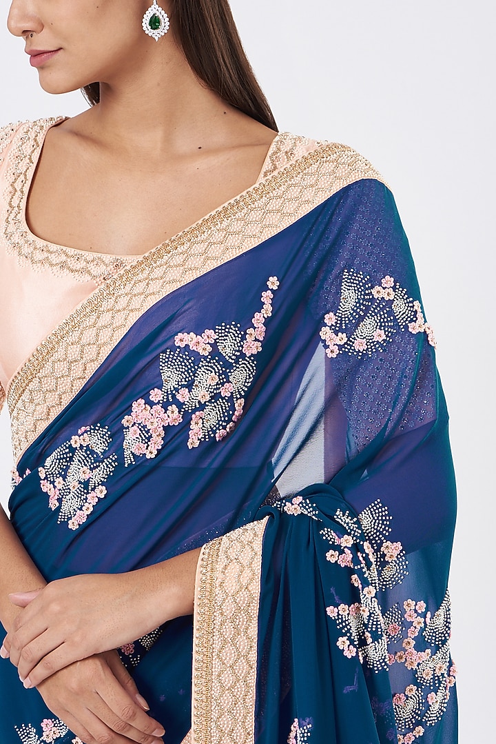 Moroccan Blue Hand Embroidered Reception Saree Set by MADZIN at Pernia's Pop Up Shop