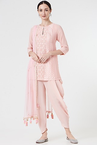 Peach Embroidered Dhoti Set by MADZIN