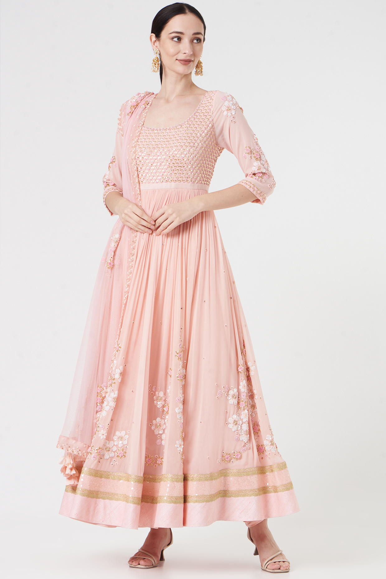 Peach Embroidered Bridal Anarkali Set by MADZIN at Pernia's Pop Up Shop