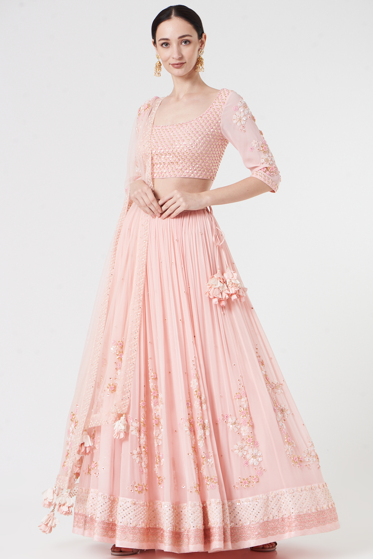 Peach Embroidered Bridal Lehenga Set by MADZIN at Pernia's Pop Up Shop