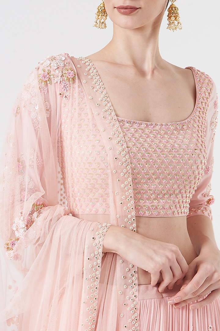 Peach Embroidered Bridal Lehenga Set by MADZIN at Pernia's Pop Up Shop