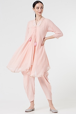 Peach Silk Crepe Dhoti Set by MADZIN