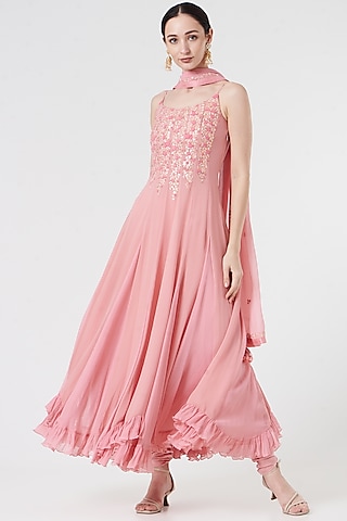 Peach Georgette Embroidered Anarkali Set by MADZIN