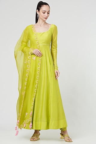 Spring Green Dupion Anarkali Set by MADZIN