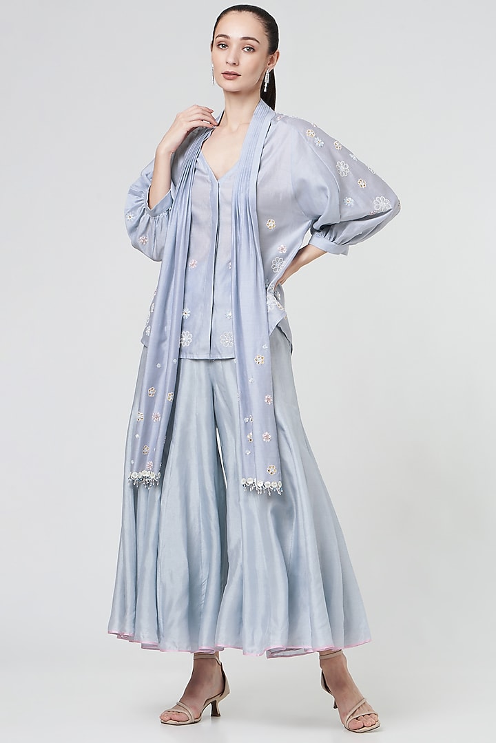 Powder Blue Silk Wedding Sharara Set by MADZIN at Pernia's Pop Up Shop