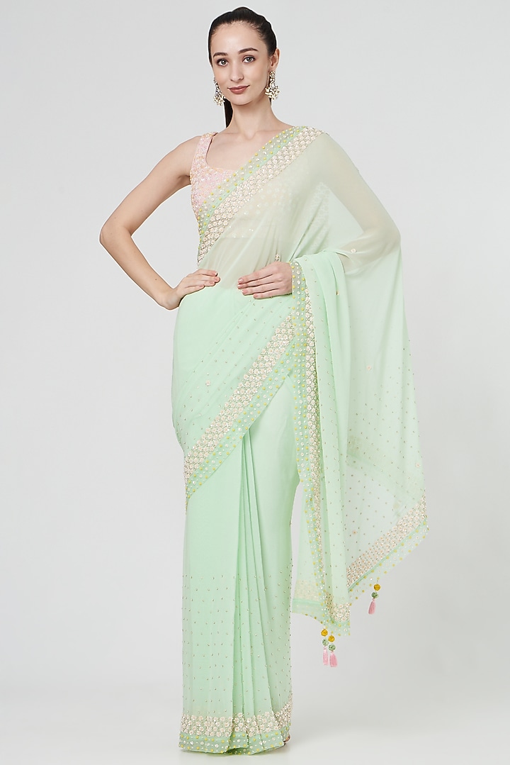 Green Embroidered Wedding Saree Set by MADZIN at Pernia's Pop Up Shop