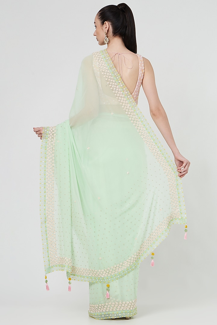 Green Embroidered Wedding Saree Set by MADZIN at Pernia's Pop Up Shop