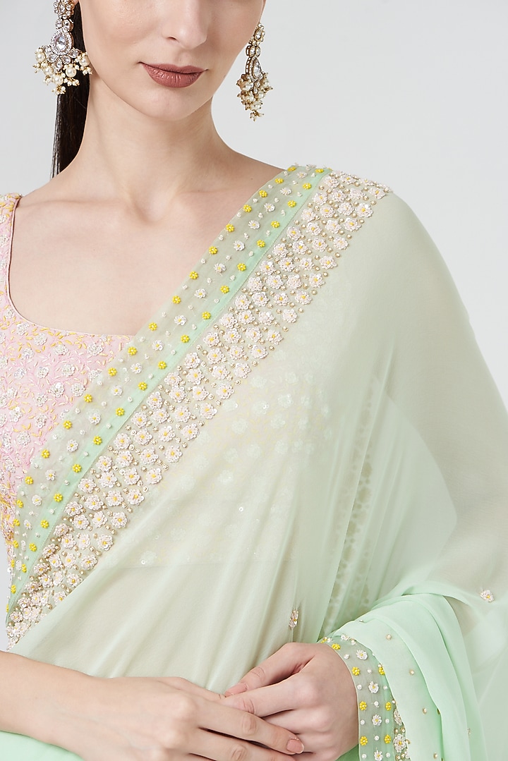 Green Embroidered Wedding Saree Set by MADZIN at Pernia's Pop Up Shop