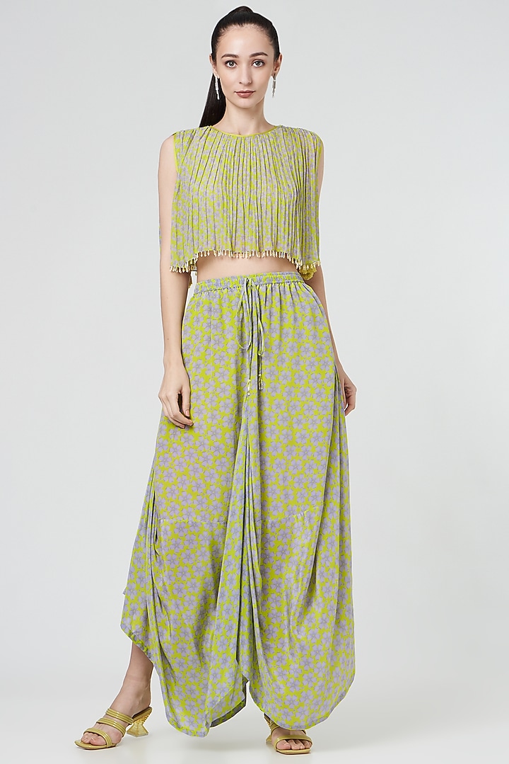 Spring Green Floral Printed Dhoti Set by MADZIN