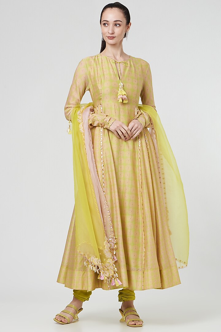 Spring Green Printed Wedding Anarkali Set by MADZIN at Pernia's Pop Up Shop