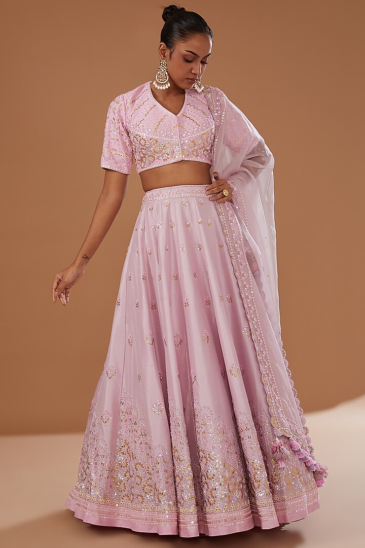 Pink Dupion Silk Hand Embroidered Bridal Lehenga Set by MADZIN at Pernia's Pop Up Shop