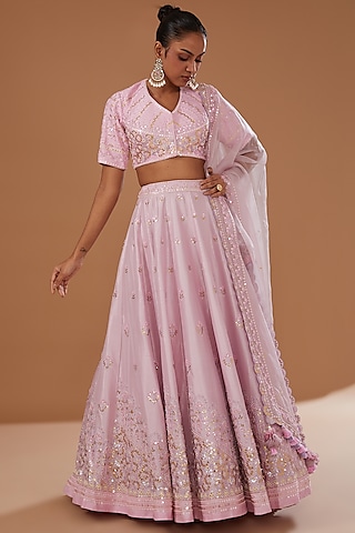 Pink Dupion Silk Hand Embroidered Lehenga Set by MADZIN