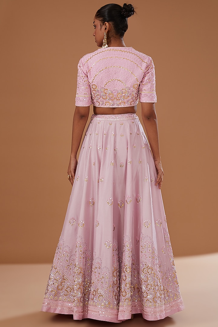 Pink Dupion Silk Hand Embroidered Bridal Lehenga Set by MADZIN at Pernia's Pop Up Shop