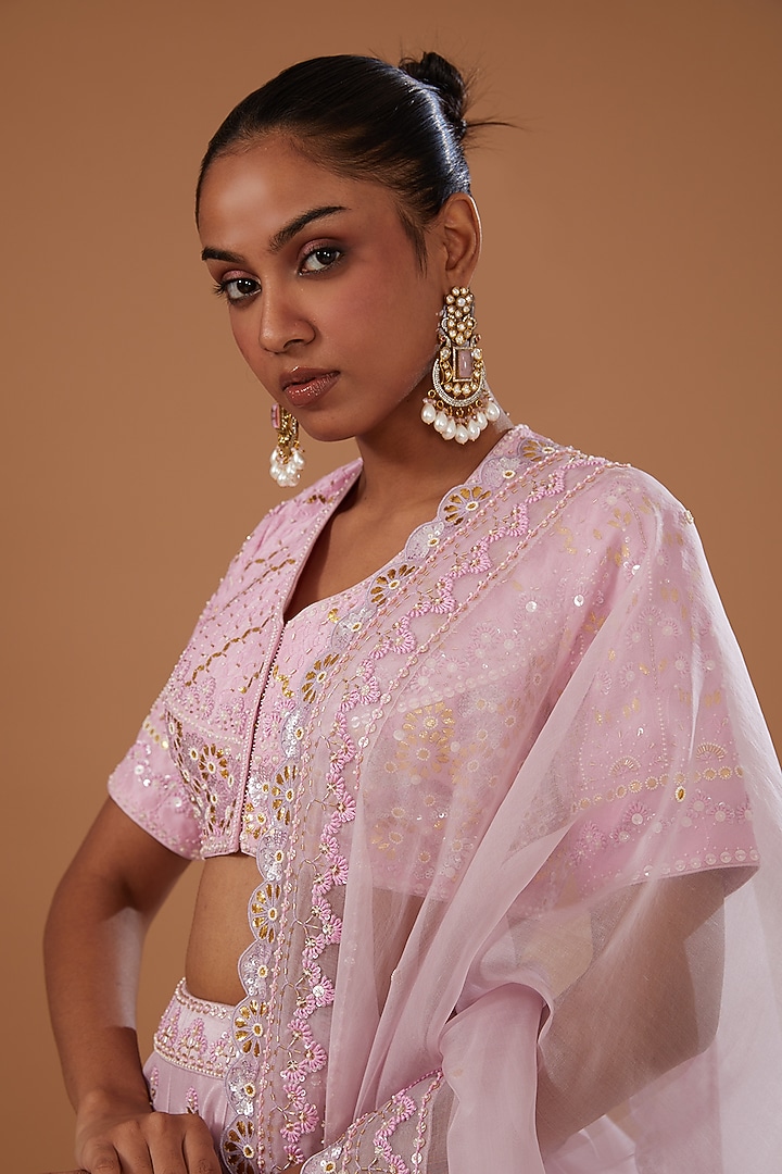 Pink Dupion Silk Hand Embroidered Bridal Lehenga Set by MADZIN at Pernia's Pop Up Shop