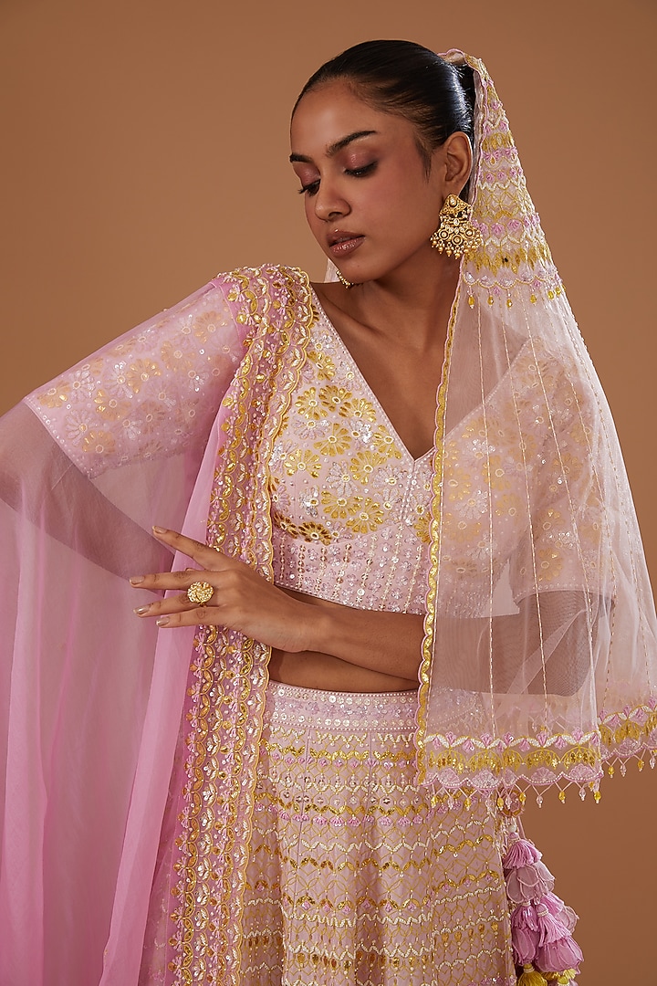 Pink Dupion Silk Hand Embroidered Bridal Lehenga Set by MADZIN at Pernia's Pop Up Shop
