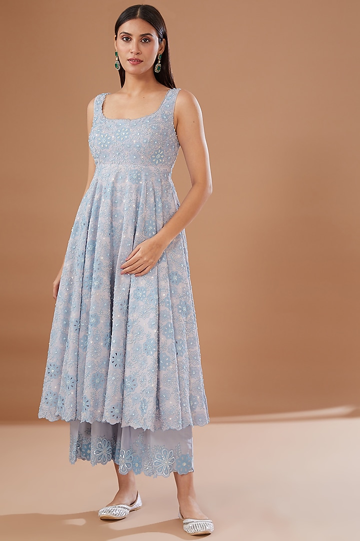 Blue Silk Georgette Bridal Anarkali Set by MADZIN at Pernia's Pop Up Shop