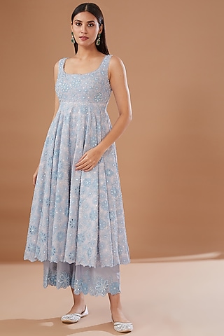 Blue Silk Georgette Anarkali Set by MADZIN
