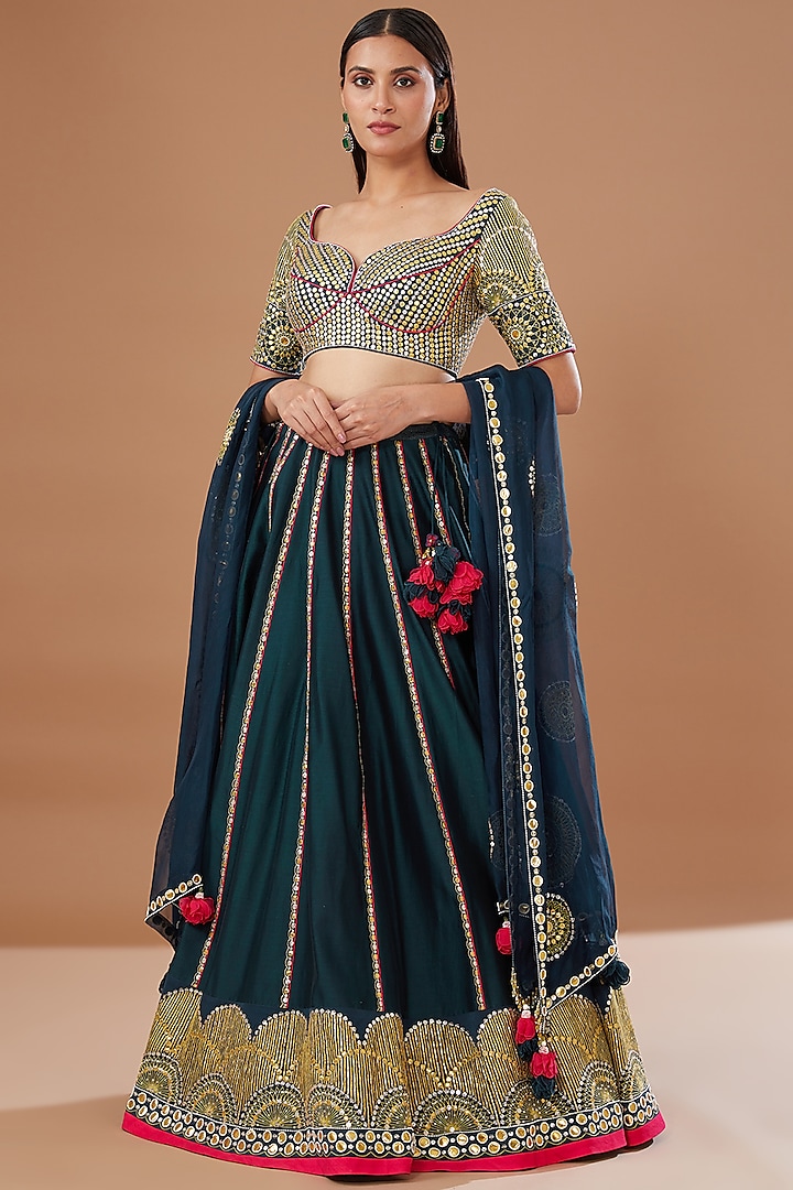 Blue Silk Chanderi Hand Embroidered Bridal Lehenga Set by MADZIN at Pernia's Pop Up Shop
