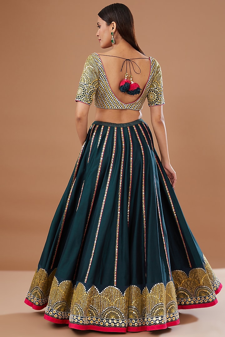 Blue Silk Chanderi Hand Embroidered Bridal Lehenga Set by MADZIN at Pernia's Pop Up Shop