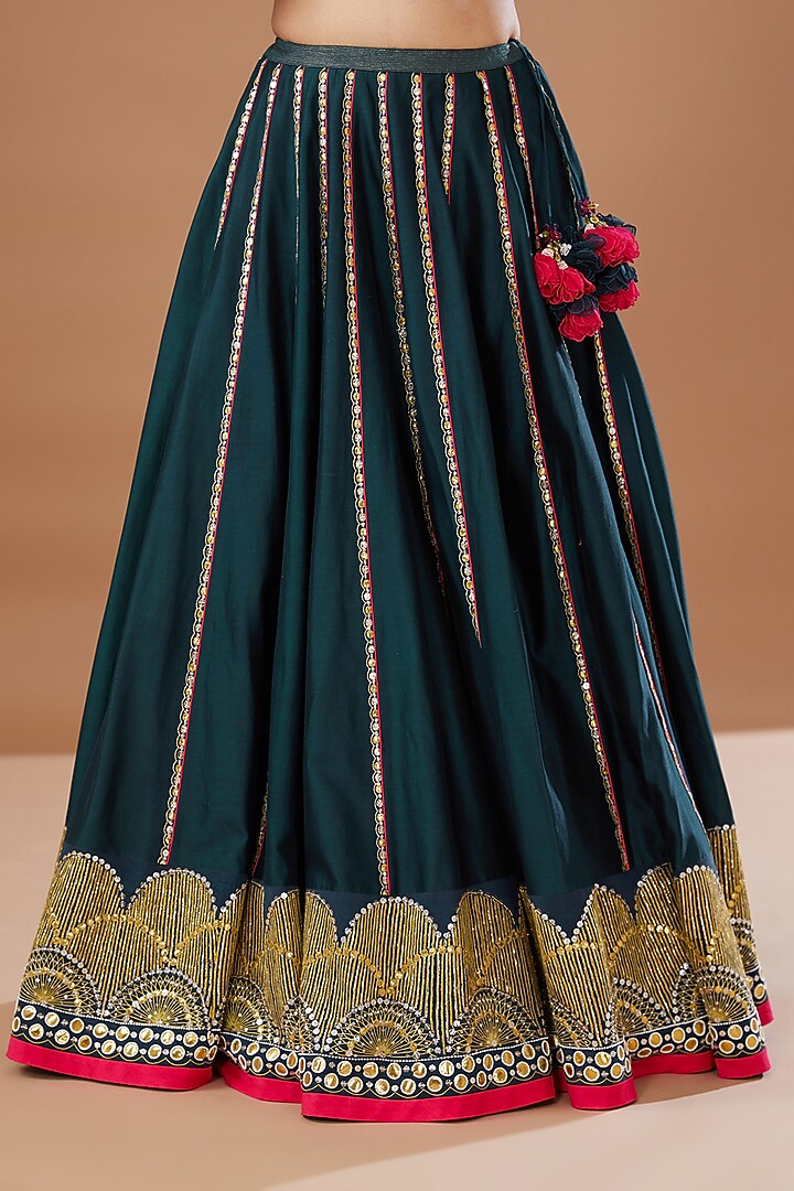 Blue Silk Chanderi Hand Embroidered Bridal Lehenga Set by MADZIN at Pernia's Pop Up Shop