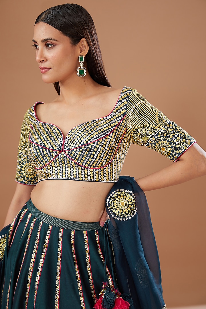 Blue Silk Chanderi Hand Embroidered Bridal Lehenga Set by MADZIN at Pernia's Pop Up Shop