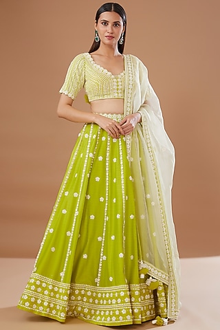 Green Silk Chanderi Hand Embroidered Lehenga Set by MADZIN