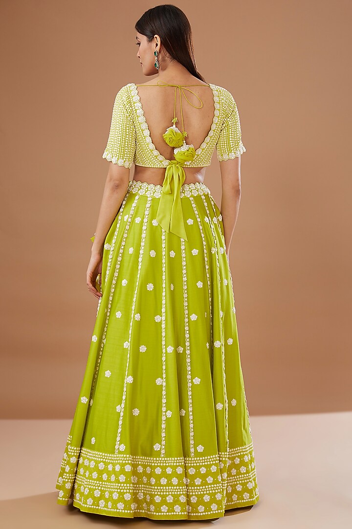 Green Silk Chanderi Hand Embroidered Bridal Lehenga Set by MADZIN at Pernia's Pop Up Shop