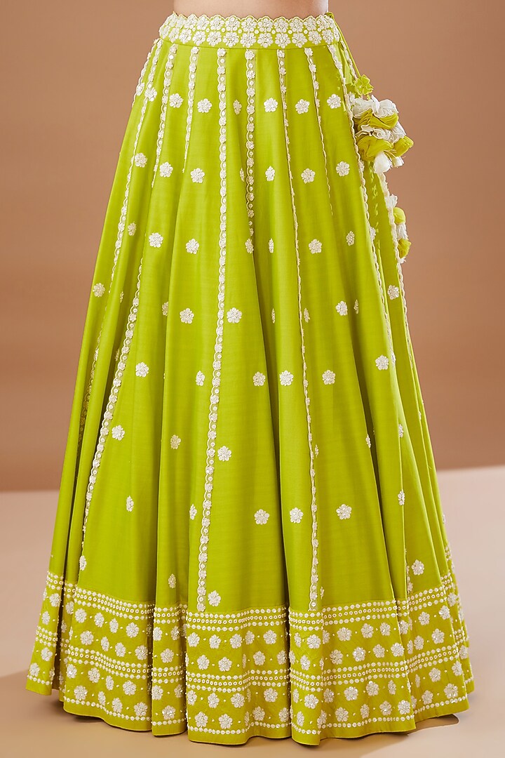 Green Silk Chanderi Hand Embroidered Bridal Lehenga Set by MADZIN at Pernia's Pop Up Shop
