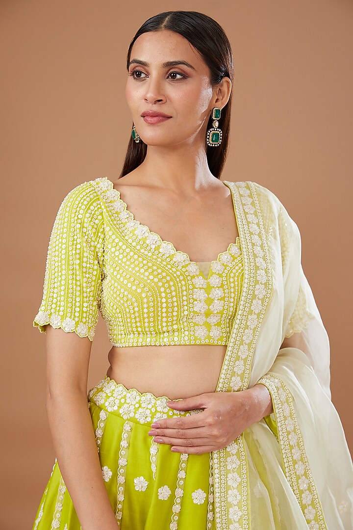 Green Silk Chanderi Hand Embroidered Bridal Lehenga Set by MADZIN at Pernia's Pop Up Shop