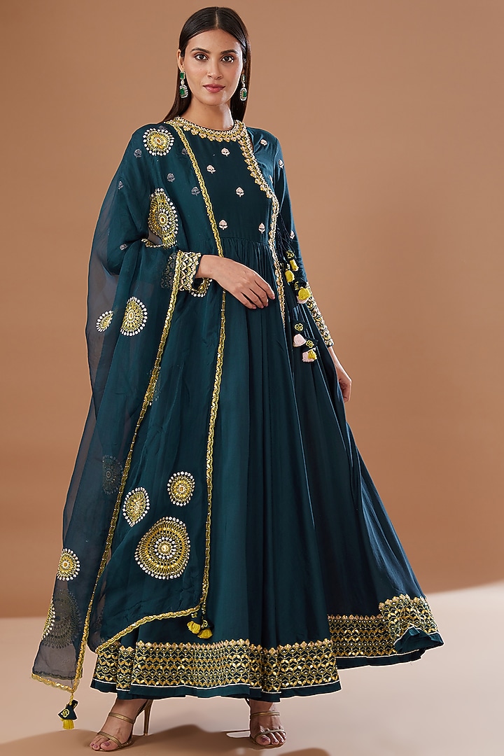 Blue Silk Chanderi Hand Embellished Bridal Anarkali Set by MADZIN at Pernia's Pop Up Shop