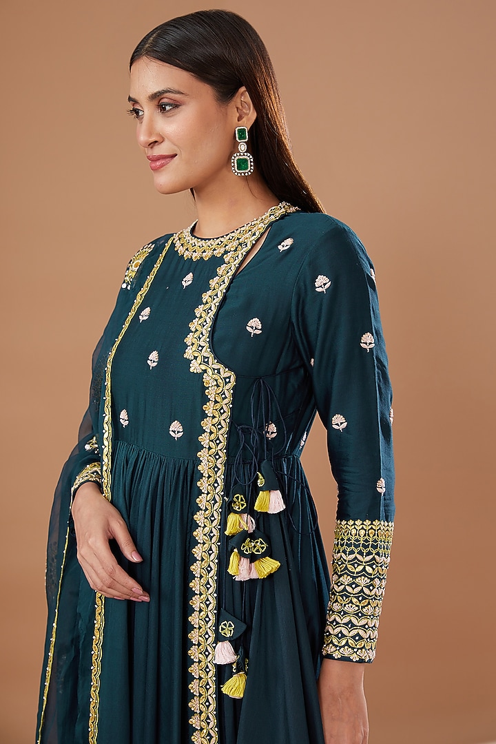 Blue Silk Chanderi Hand Embellished Bridal Anarkali Set by MADZIN at Pernia's Pop Up Shop
