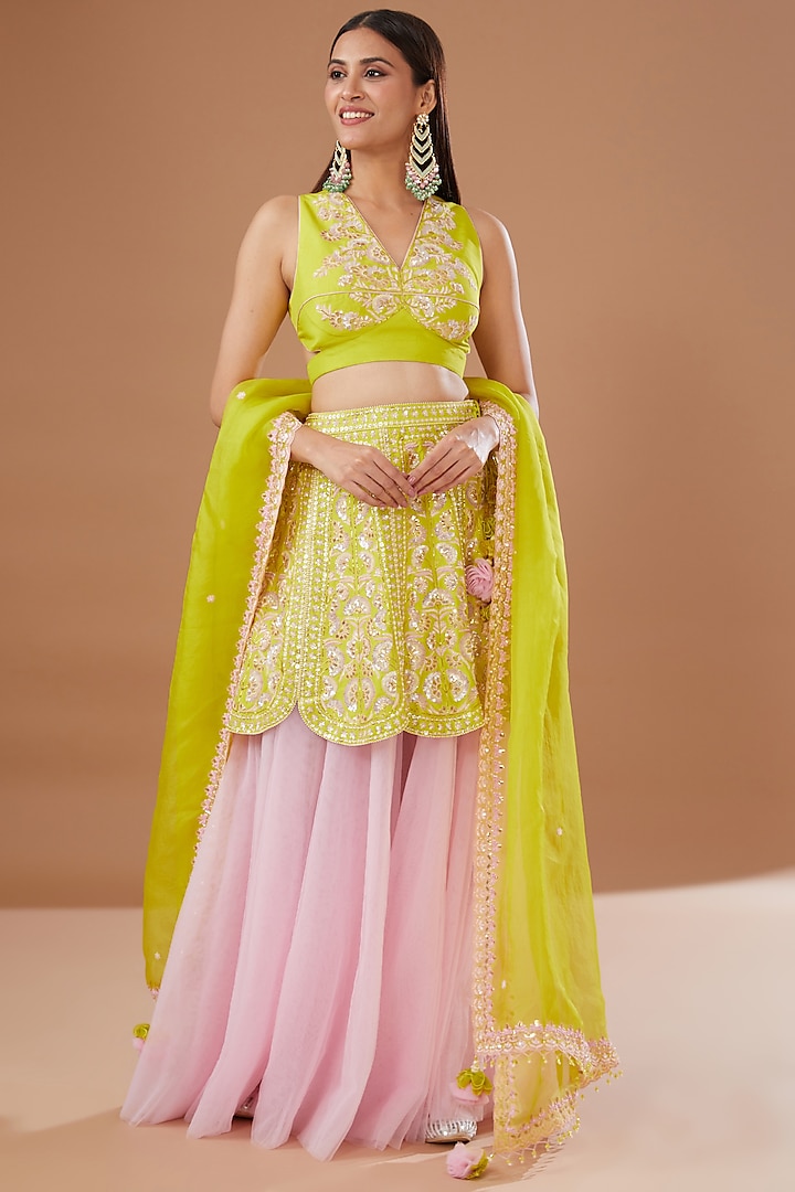 Green & Pink Butterfly Net Embroidered Layered Wedding Lehenga Set by MADZIN at Pernia's Pop Up Shop