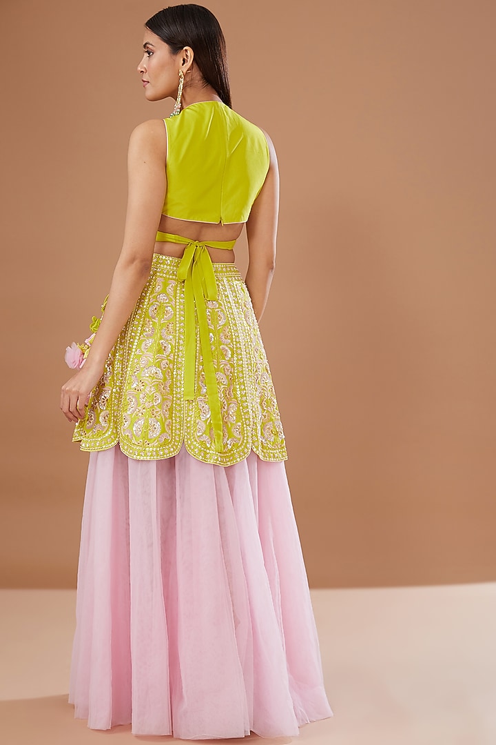 Green & Pink Butterfly Net Embroidered Layered Wedding Lehenga Set by MADZIN at Pernia's Pop Up Shop