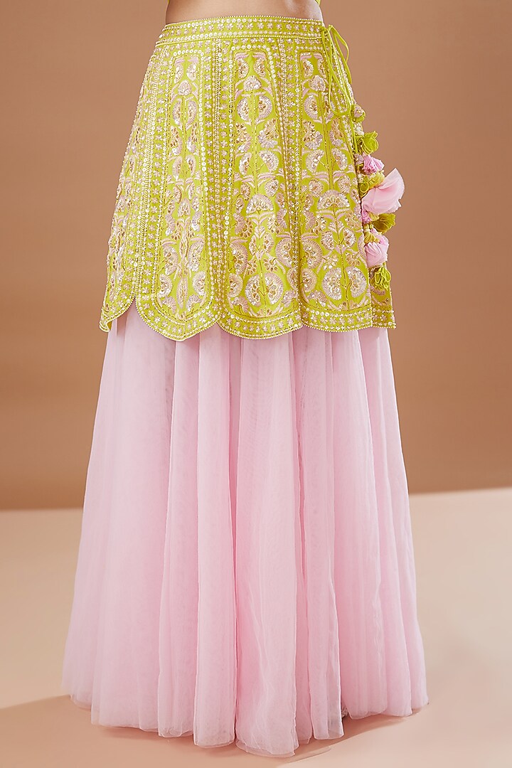 Green & Pink Butterfly Net Embroidered Layered Wedding Lehenga Set by MADZIN at Pernia's Pop Up Shop
