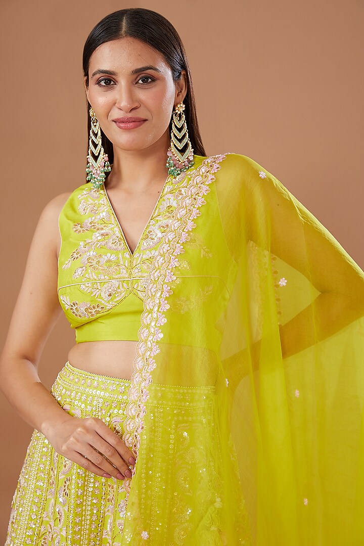 Green & Pink Butterfly Net Embroidered Layered Wedding Lehenga Set by MADZIN at Pernia's Pop Up Shop