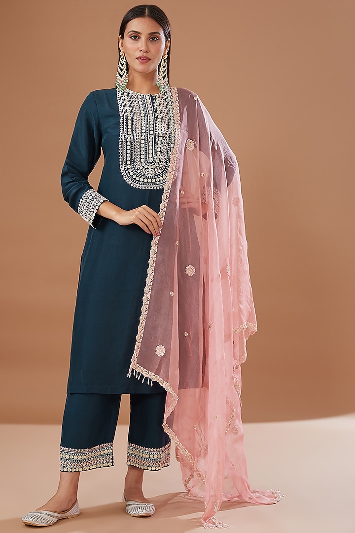 Blue Dupion Silk Embroidered Kurta Set by MADZIN at Pernia's Pop Up Shop